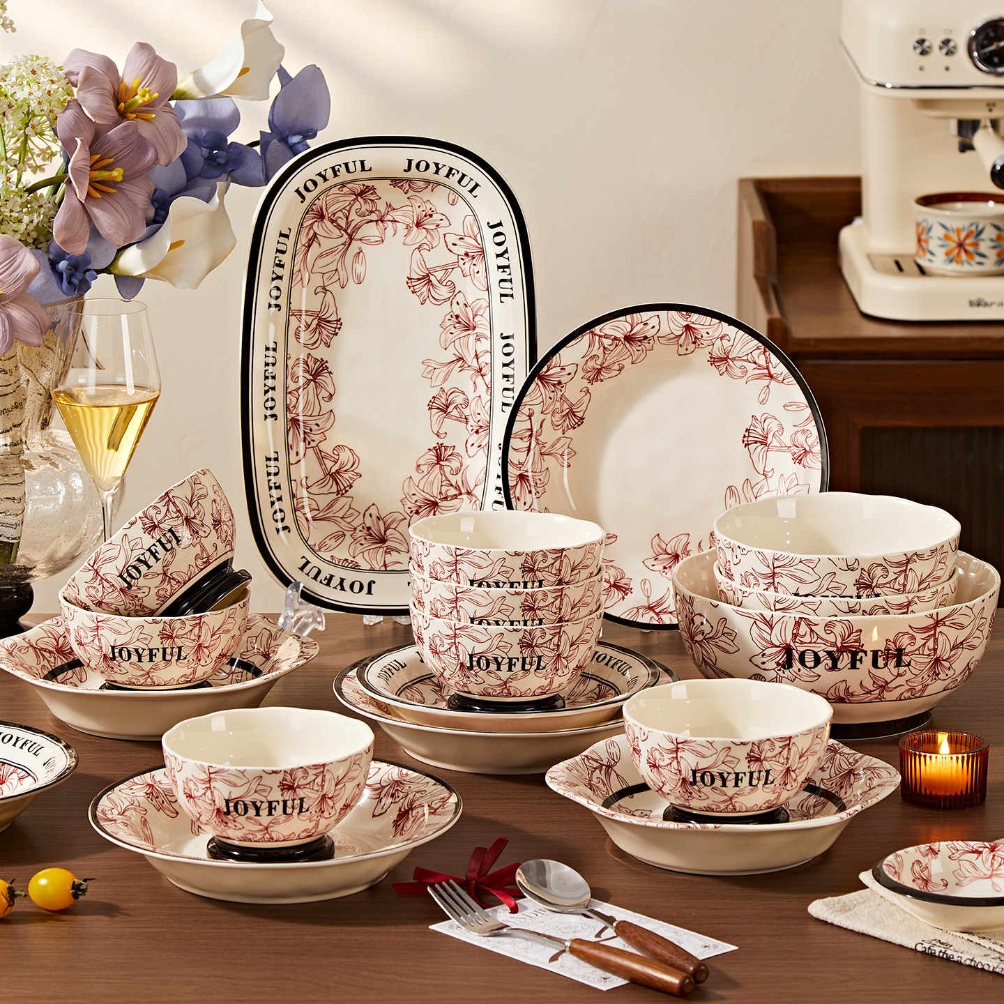 法式餐具套装家用2025新款高颜值现代釉下彩陶瓷碗盘新婚乔迁花悦,餐饮具,碗,淘宝优惠券,粉丝福利购,淘宝优惠卷