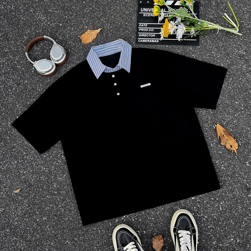 复古格子正肩短袖衬衫男款夏美式做旧扎染蓝色寸衫撞色宽松五分袖