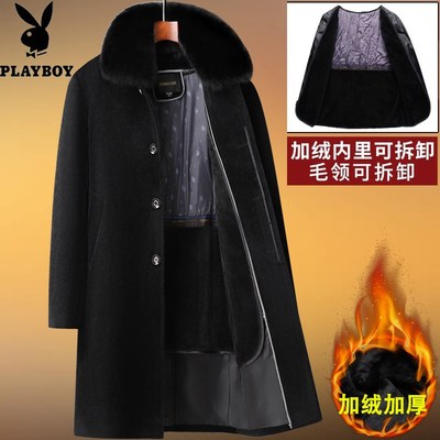 爸爸冬装外套加绒加厚中老年羊绒羊毛呢大衣男爷爷老人中长款呢子