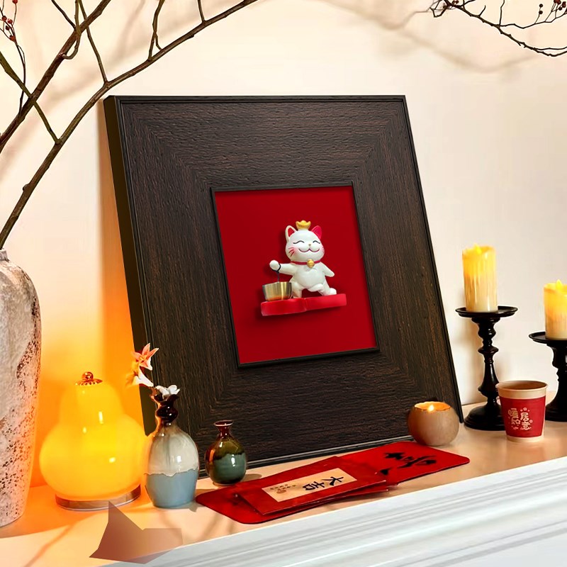 招财猫装饰画中古风玄关柜入户正对门摆件高级感新年布置客厅挂画