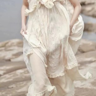 大摆 连衣裙女孕妇R裙宽松中长款 2021夏秀场风白玫瑰睡裙大码 无袖