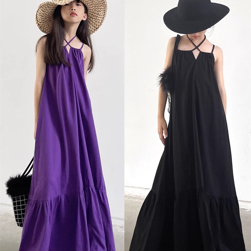 豆丁儿童韩版度假风黑色棉麻吊带裙背心裙紫色连衣裙洋气夏季薄款