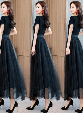 v领黑色连衣裙修身显瘦长裙子女夏20F24新款女装夏短袖t恤网纱纱