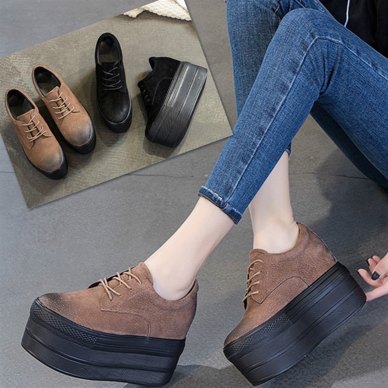 2021春季新款内增高坡跟10cm超高跟真皮黑色休闲女松糕厚底单鞋潮