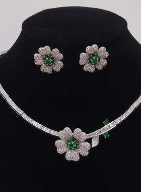 轻奢微镶锆石项链耳环花朵套装简约气质新娘法式婚纱礼服晚宴首饰