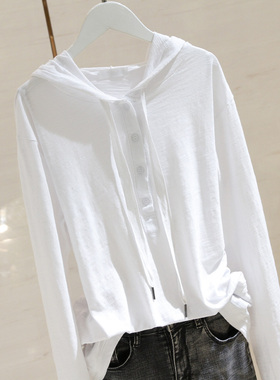 休闲连帽白色长袖t恤女2020秋新款运动竹节棉卫衣宽U松显瘦上衣17