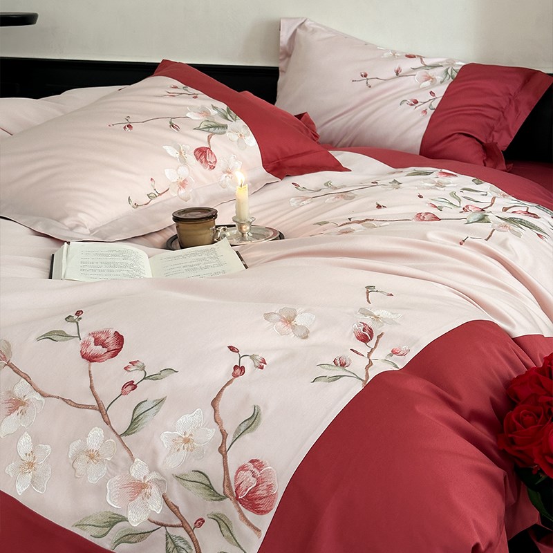 新中式100支长绒棉结婚全棉四件套绣花拼色纯棉被套喜庆婚房床品4