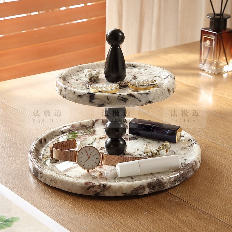 天然大理石入户玄关装饰收纳摆件置物架香薰首饰托盘双层水果盘
