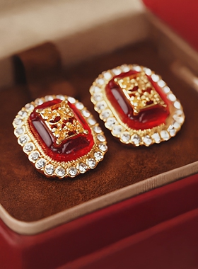 925银针耳钉轻奢高级感气质大气红色耳饰女复古夸张独特漂亮耳环