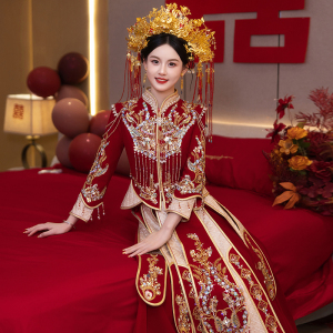 重工丝绒秀禾服婚服2024新款新娘出阁中式嫁衣敬酒服冬季结婚礼服