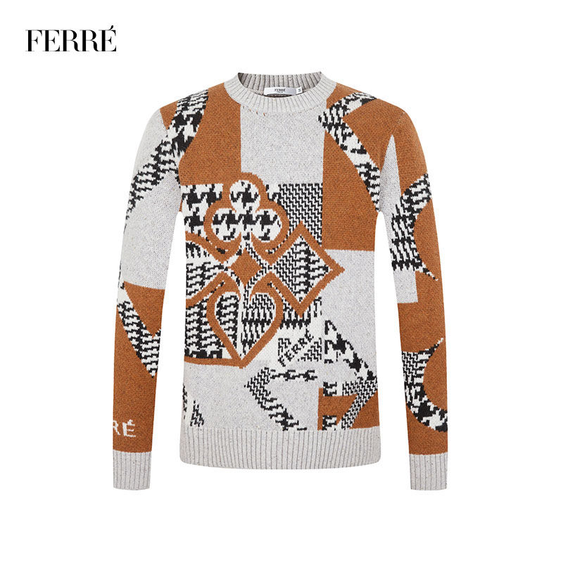 ferre费雷男装时尚羊毛衫男春秋新款潮流花版纯羊毛上衣男