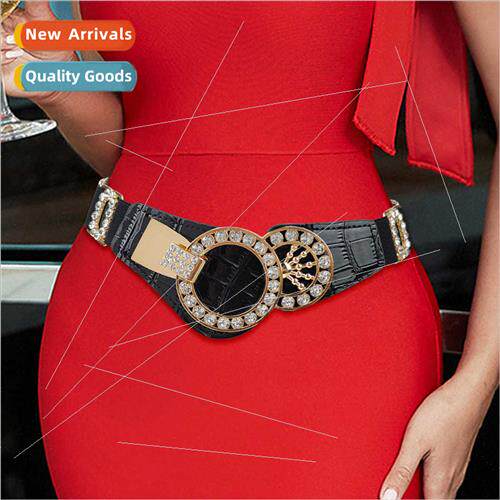 New rhinestone leather belt wide belt ladies Korean elastic