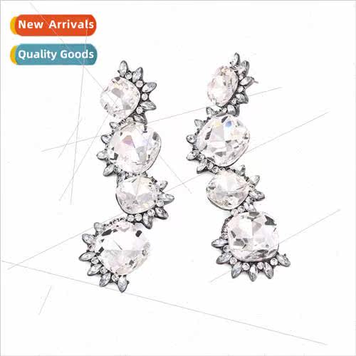 Ins wind long alloy encrusted square glass diamond flower ea