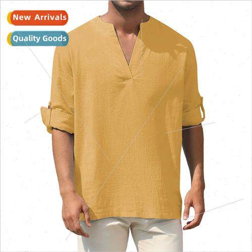 2023 new men fashion shirt solid color V-neck casual long-sl