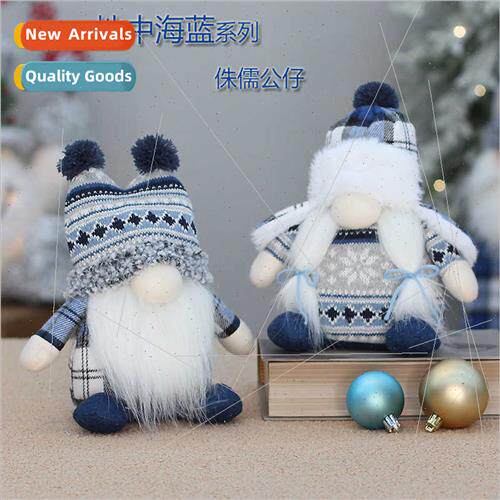 Christmas new blue knted fabric bearded gnome doll Rudolph d