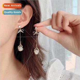 earrings bow eye thin stone cat pearl long Long tie