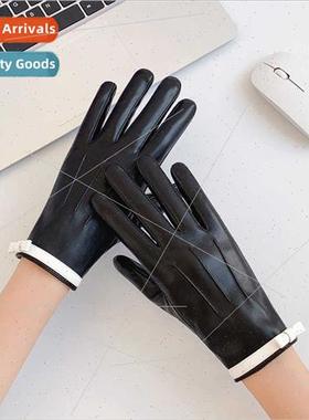 Leather gloves female fall winter riding beige bow bow padde