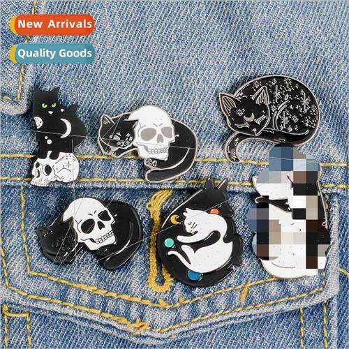 Skull Cat Brooch Mystic Wch Enamel Pin Moon Stars Cat Badge