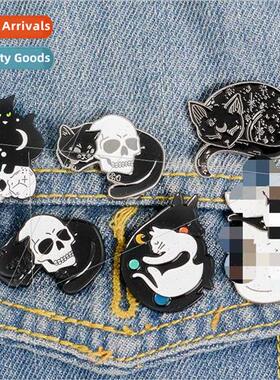 Skull Cat Brooch Mystic Wch Enamel Pin Moon Stars Cat Badge