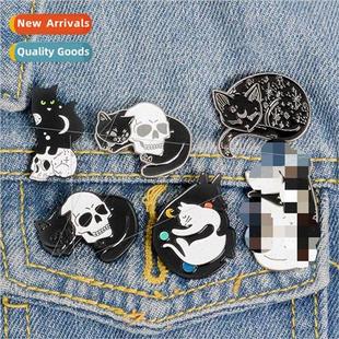 Mystic Wch Stars Cat Badge Moon Brooch Pin Skull Enamel