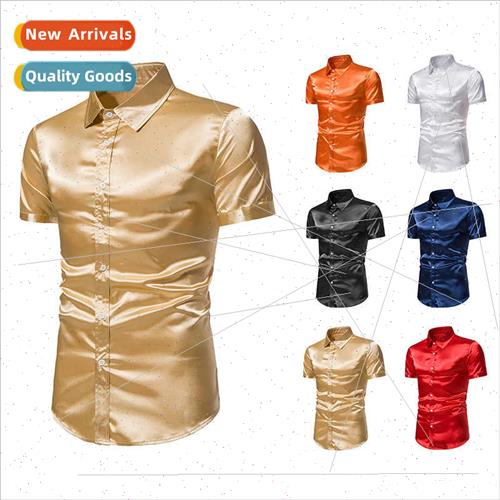 Men Glossy 70s Disco Short Sleeve Shirt C07