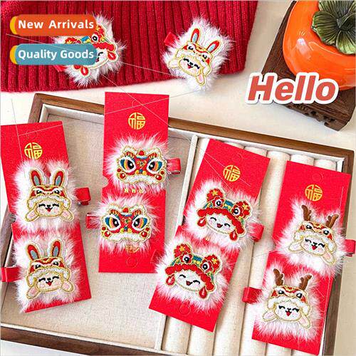 Chinese New Year embroidery red hair clips cute girl side br