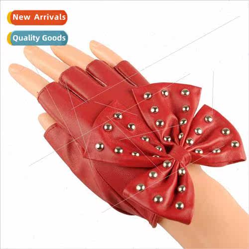 pu fashion rivets half finger ladies permance dance big bow
