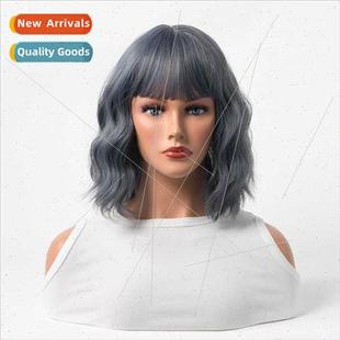 fog synthetic curly fluffy wig blue new bangs short Women