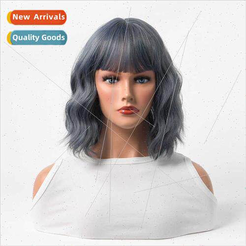Women short curly Qi bangs new fog blue wig fluffy synthetic