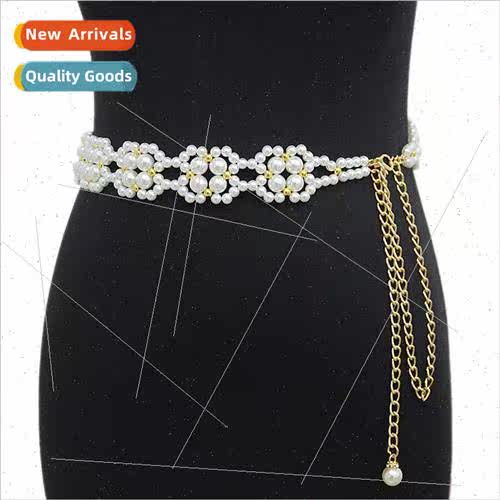 Women casual belt waist corset Slim decorative pearl weaving