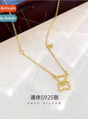 S925 silver Korea sweet hollow bear bow necklace female simp