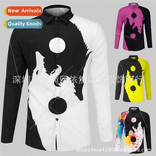 2023 Men Shirt 3D Wolf Head Posioning Print Slim Men Long Sl