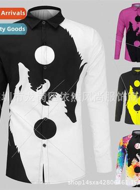 2023 Men Shirt 3D Wolf Head Posioning Print Slim Men Long Sl