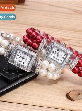 Korea Square Quartz Watch Glass Imation Pearl Bracelet Recta