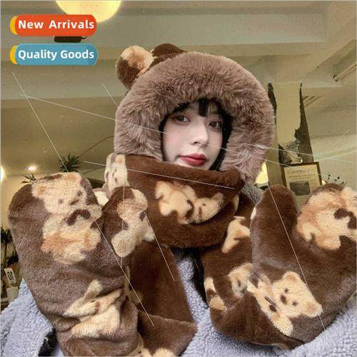 Hat female fall winter bear ear protection scarf gloves all-