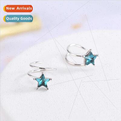 S925 silver Korea diamond-set blue crystal pentagram earring