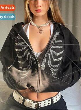 Y2K Rhinestone Skeleton Hoodies Women Autumn Setwear Zip
