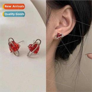 heart pin ins Yanfei silve delicate red simple Song earrings