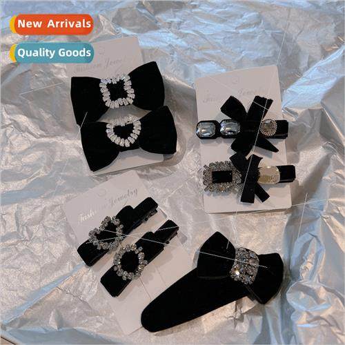Zirconia rhinestone love velvet black bow hair clips female