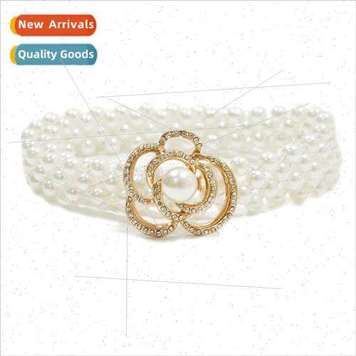 Europe Women Pearl Belt New Rose Buckle Elastic Pearl Waist