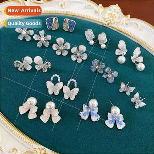 crystal flower pearl lver delicate blue earrings earring pin