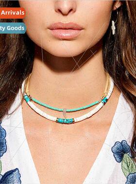 Europe ethnic handmade beaded soft pottery piece short neckl