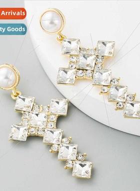 Europe retro pearl earrings female alloy drilling cross-shap