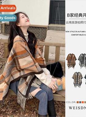 Merad plaid wool blend cape warm shawl thickened senior sens