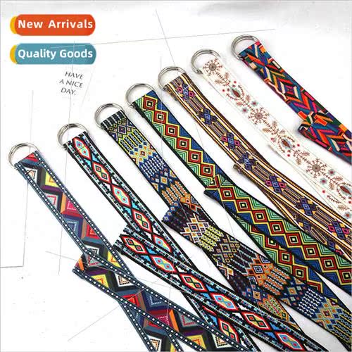 ethnic printing new canvas belt double ring buckle jeans dec