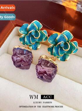 Earrings silver pin drop oil colorful flowers resin earrings