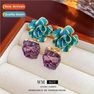 drop oil colorful Earrings resin pin flowers earrings silver