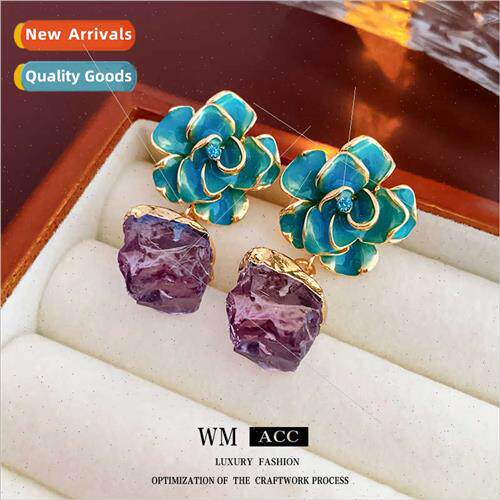 Earrings silver pin drop oil colorful flowers resin earrings