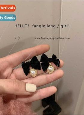 Vintage Earrings Black Velvet Bow Earrings Women French Peac