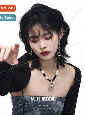 Black bead asymmetrical earrings female hip hop hottie silve